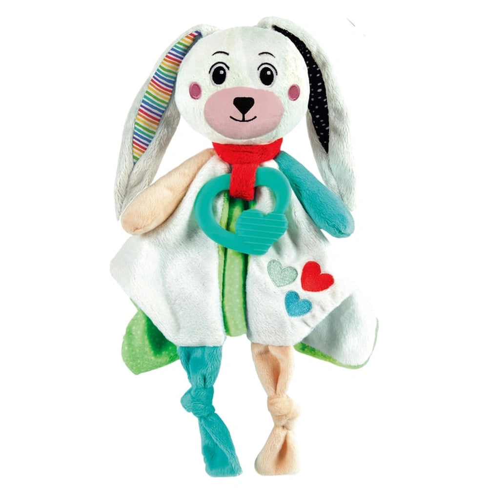 Baby Clementoni's Doudou Sweet Bunny is a soft, white stuffed rabbit with colorful ears and a red scarf, perfect for cuddling