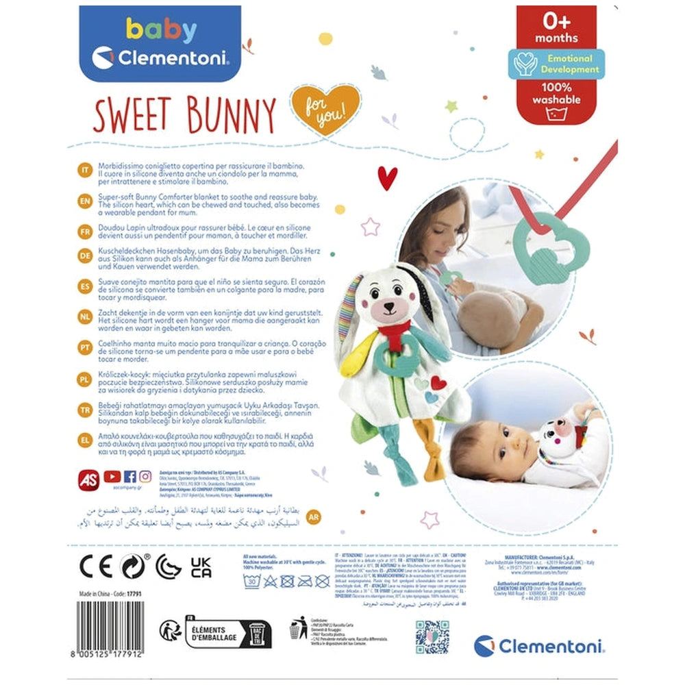 Baby Clementoni Doudou Sweet Bunny Comforter features a playful design with a large baby bunny and colorful graphics on packa