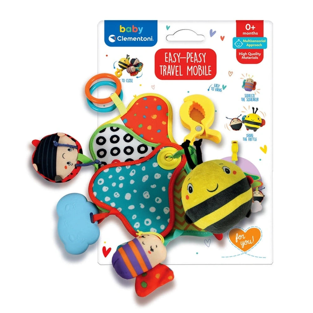 Baby Clementoni Easy-Peasy Travel Mobile features colorful fabric and plastic toys in various shapes, designed for infants.