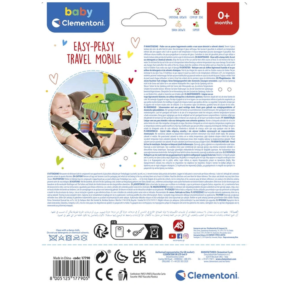 Baby Clementoni Easy-Peasy Travel Mobile packaging features colorful graphics, a baby in a car seat, and multilingual text.