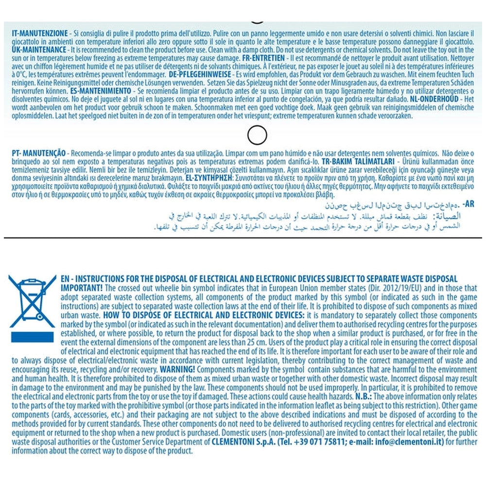 Baby Clementoni - Magic Unicorn Light & Melodies manual features structured Arabic text on a white background.