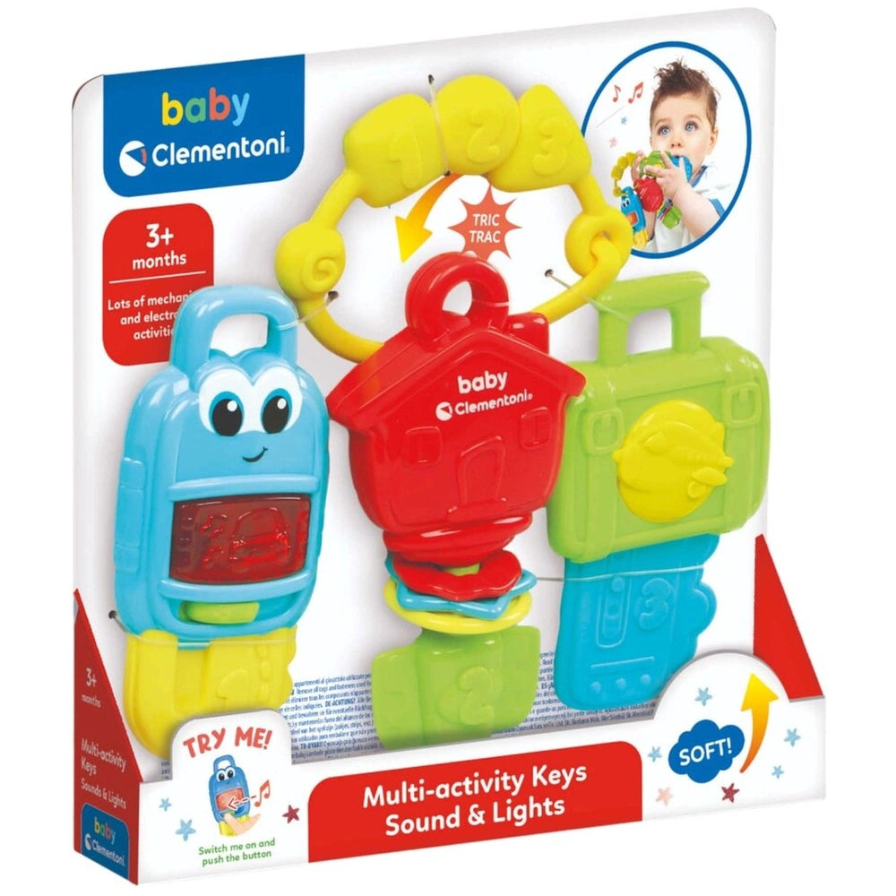 Baby Clementoni multi-activity keys toy packaging features colorful graphics, a clear window, and age-appropriate labels for 