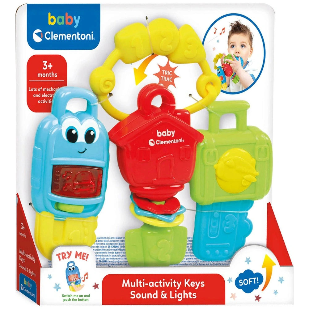 Multi Activity Keys toy features a colorful house design with a red door, yellow window, and green roof, promoting sound and 