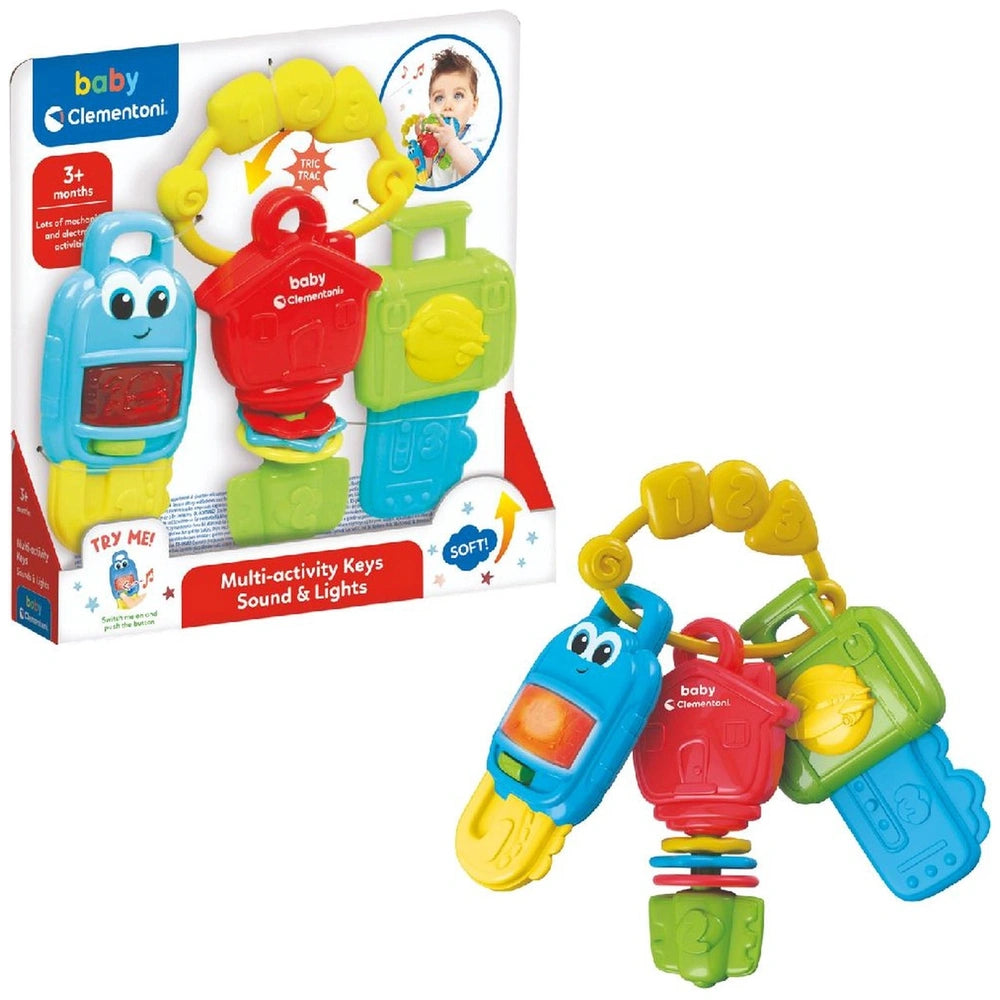 Multi-activity keys toy for babies featuring colorful designs, sound and light effects, suitable for ages 3 and up.