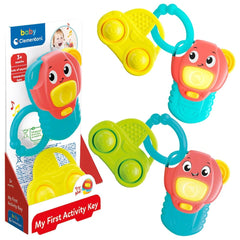 Baby Clementoni activity keys in vibrant colors, designed for sensory exploration and safe for babies to chew on.
