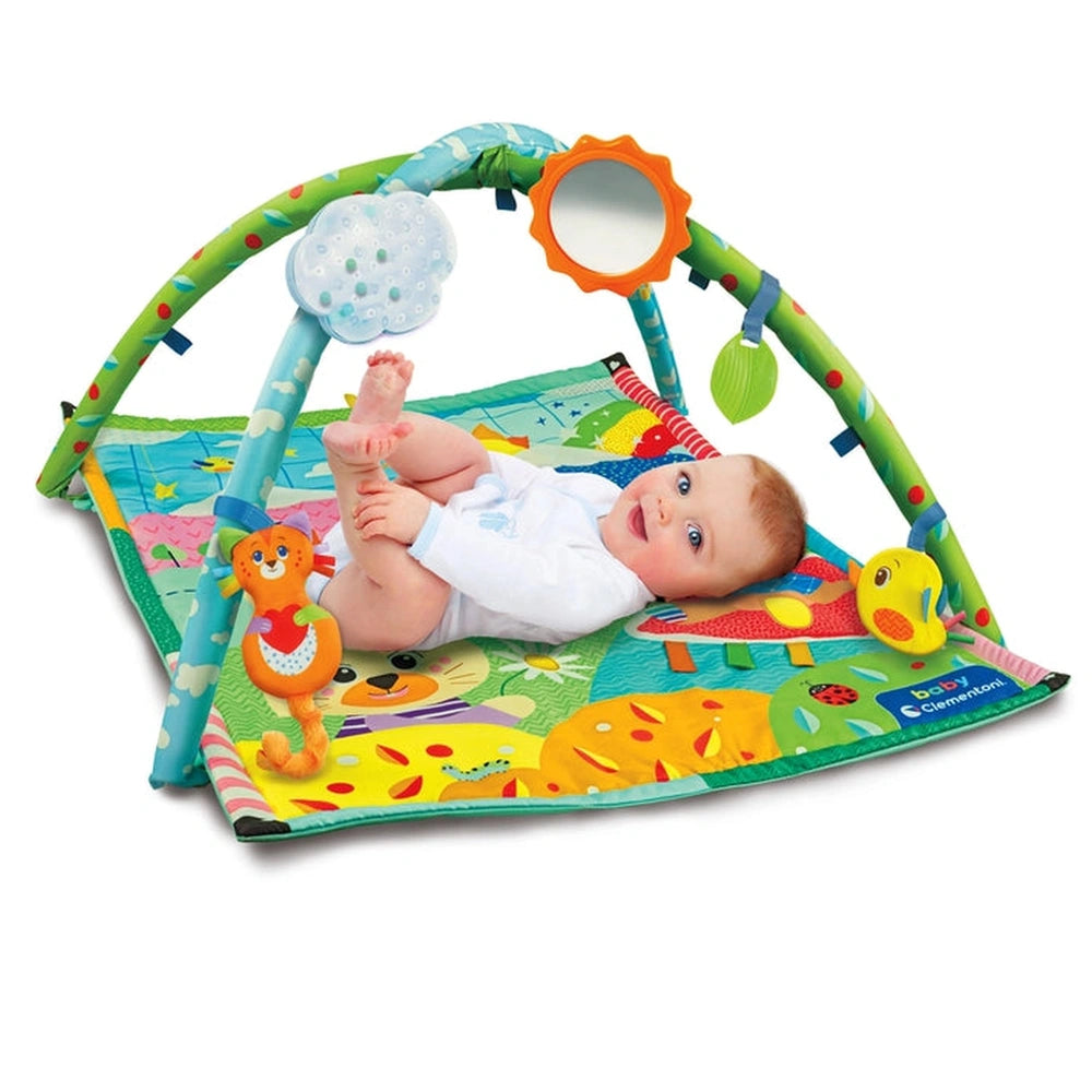 Baby Clementoni My First Discoveries Activity Gym features a colorful patterned mat with a textured surface and hanging tag.
