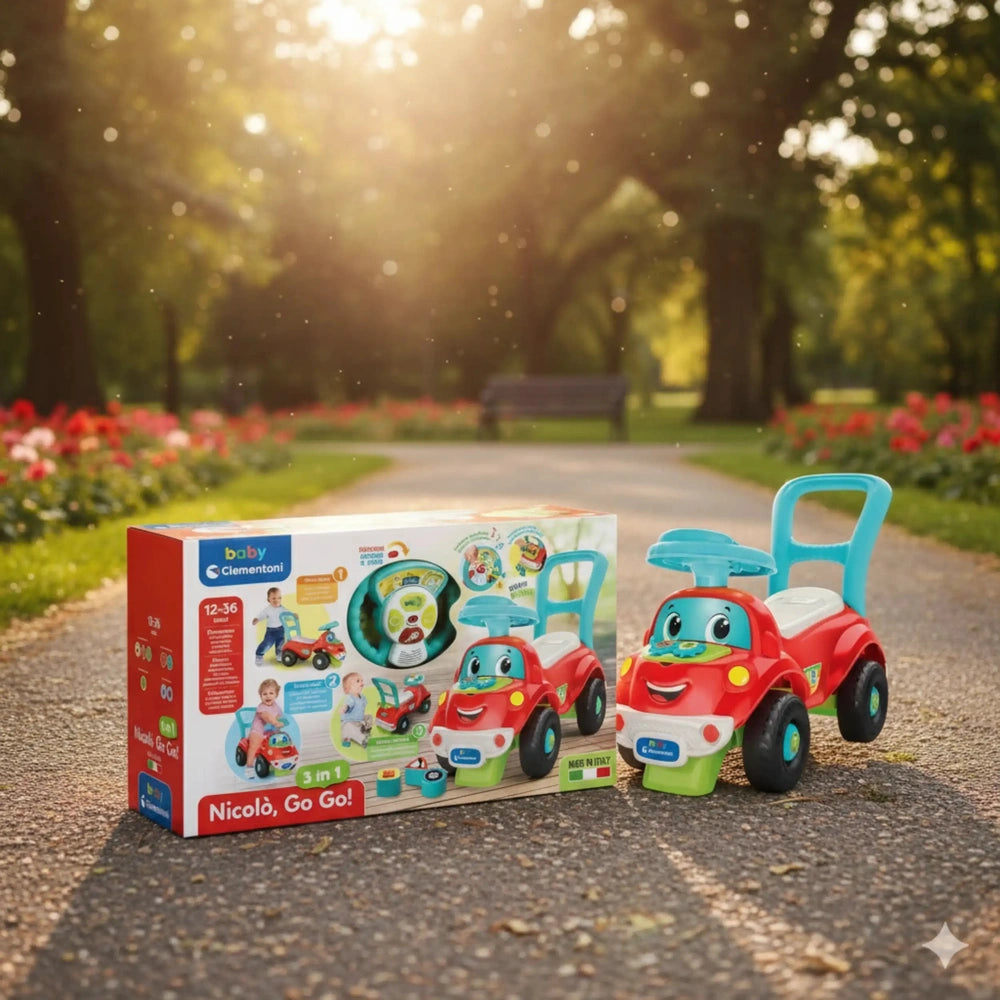 Baby Clementoni's Nicolo Go Go 3 In 1 Riding Toys in vibrant red, blue, and green on a sunny park pathway surrounded by green