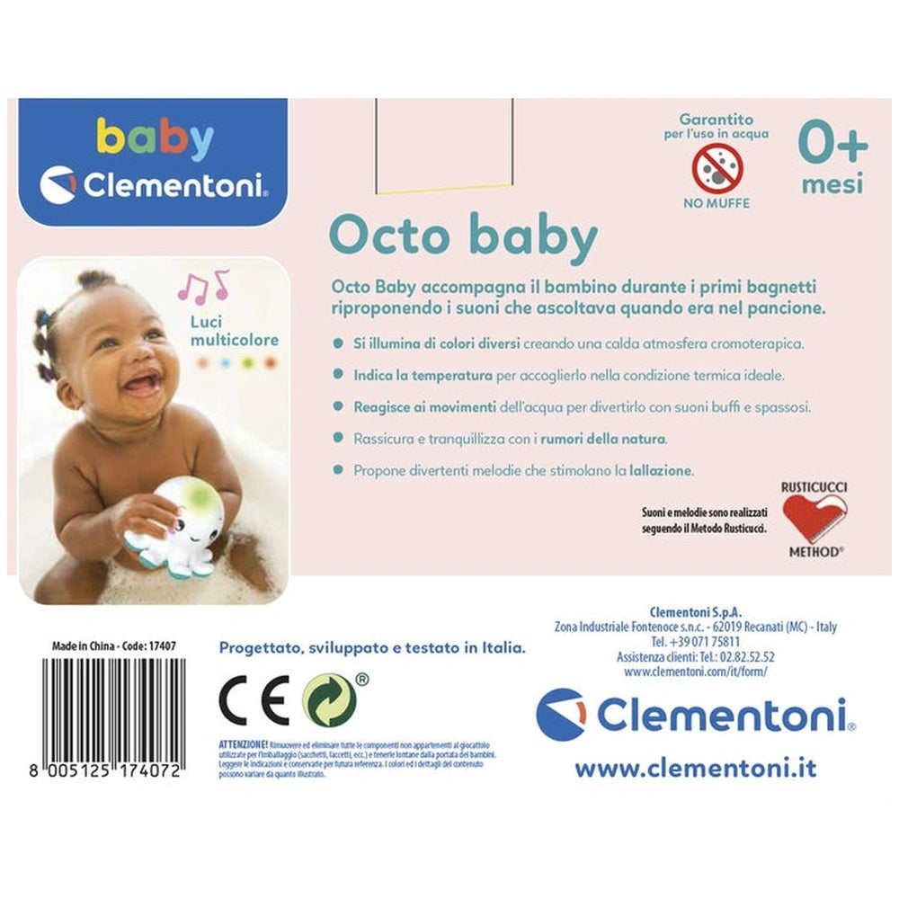 Baby Clementoni Octo Baby bath toys label featuring a joyful baby holding a toy on a pink and white background.