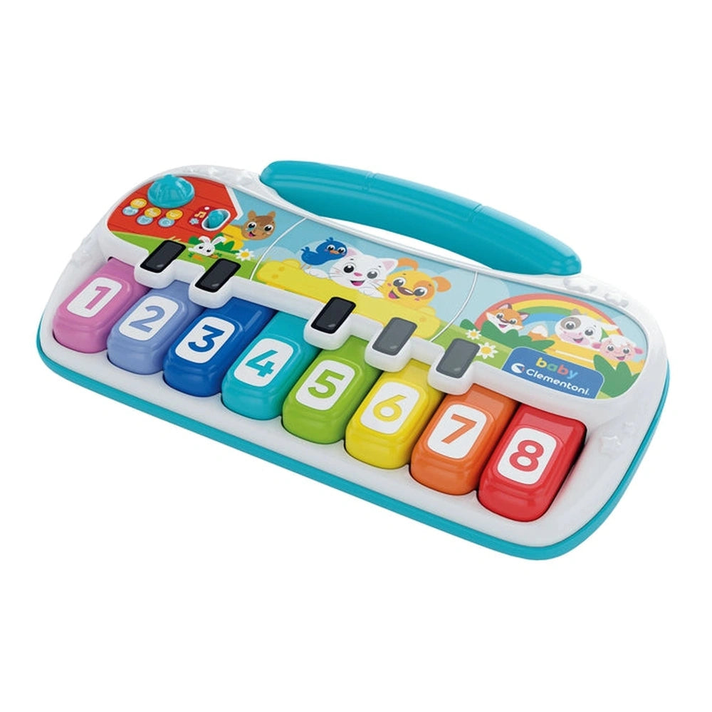 Baby Clementoni musical keyboard features colorful keys with note symbols, designed for young children to learn music.