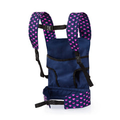 BAYER DESIGN doll carrier features a blue matte backpack with purple straps and glossy pink heart patterns, equipped with a z