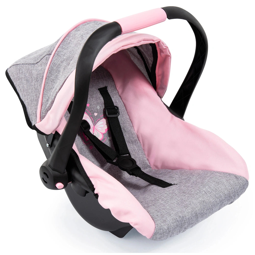 BAYER DESIGN Doll Deluxe Car Seat in gray and pink features plush seat cover, padded backrest, and five-point harness system.