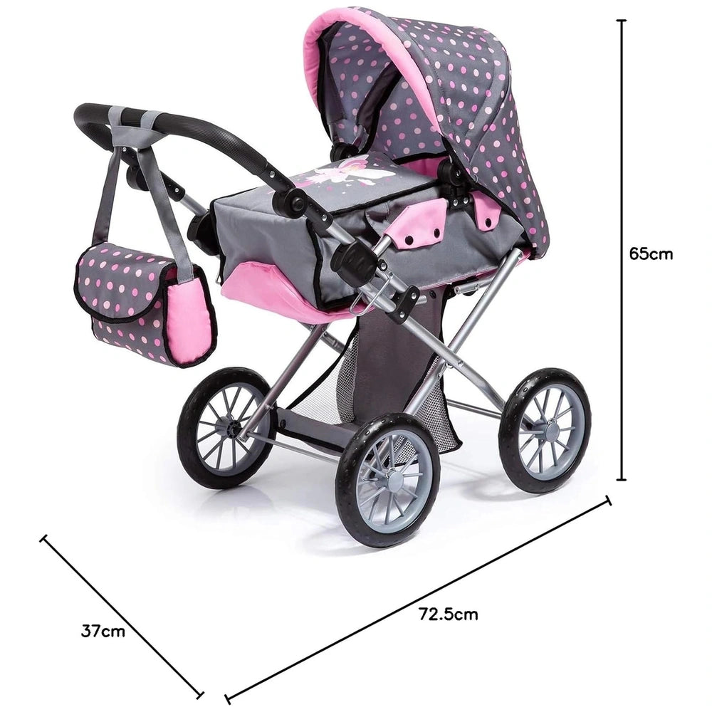 BAYER DESIGN Dolls Pram City Star features a pink polka dot fabric seat, black metal frame, and rubber wheels for dolls plays