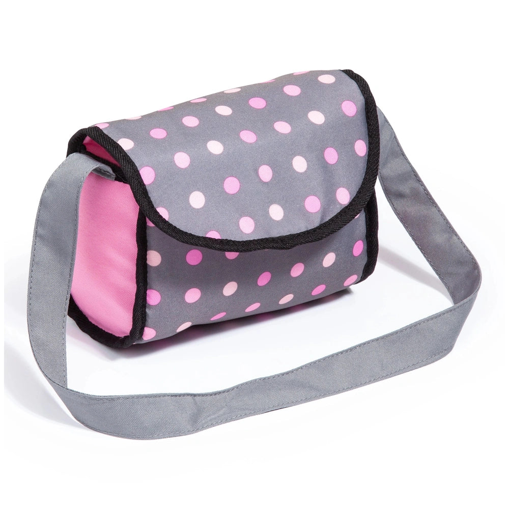 BAYER DESIGN Dolls Pram City Star in pink and gray features a polka dot fabric exterior and solid pink interior with multiple