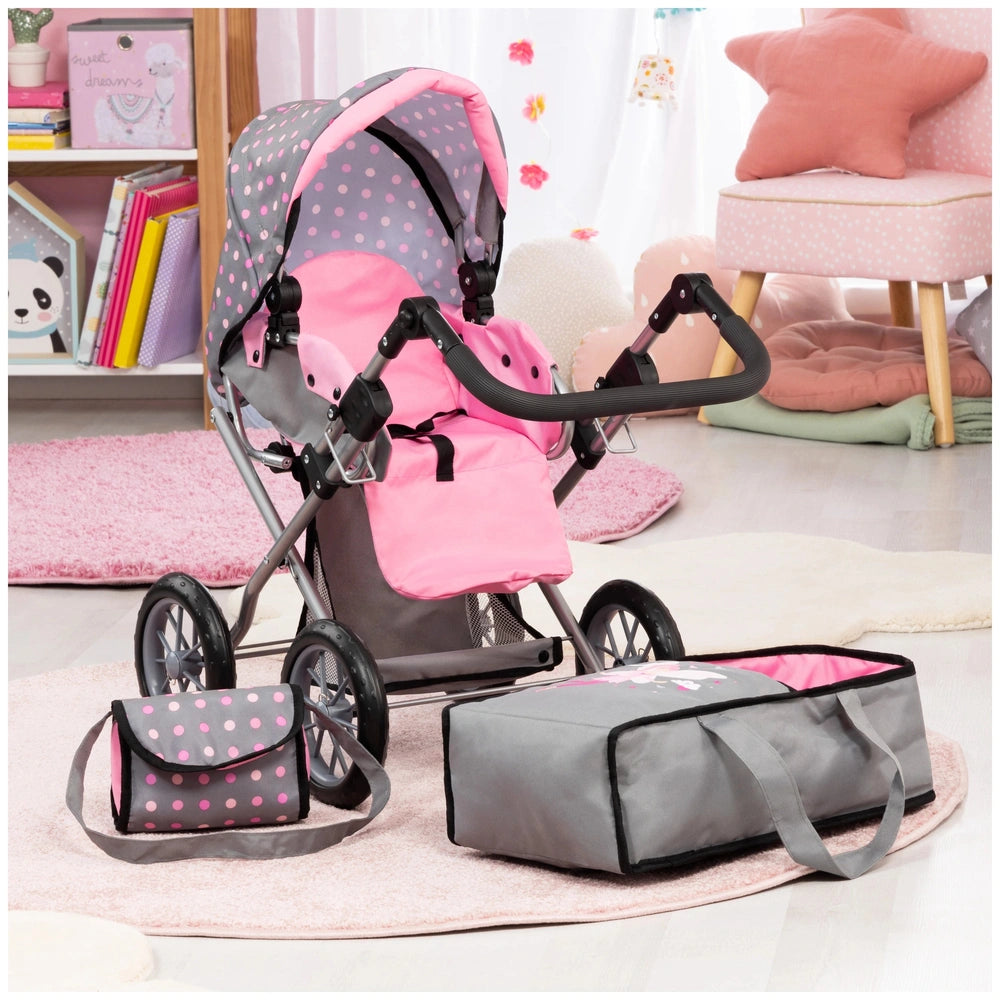 BAYER DESIGN Dolls Pram City Star features a pink seat and canopy, gray footrest, and black wheels in a decorative setting.