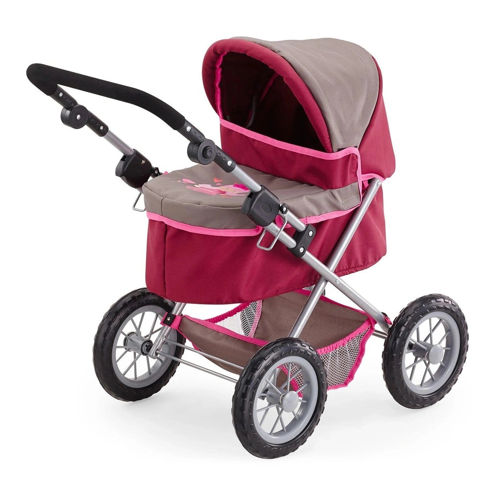 BAYER DESIGN dolls pram in trendy red and gray features a fabric seat, a metal frame, and a black plastic handle with four wh