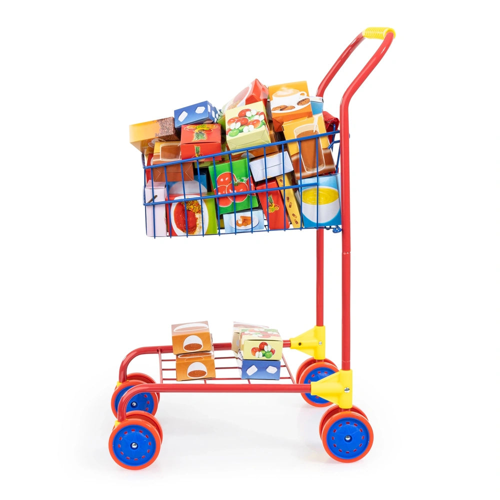 BAYER DESIGN shopping cart with a red metal frame, blue plastic wheels, and colorful containers and boxes on two shelves.