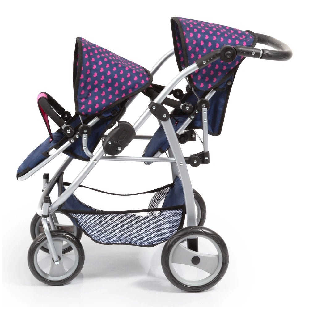 BAYER DESIGN Twin Pram features a dark blue frame with lighter blue heart patterns, black wheels, and a reclining mesh seat.