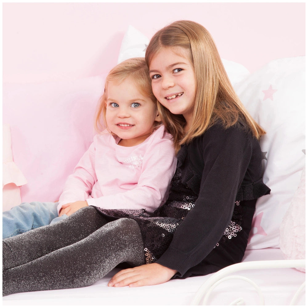 BAYER DESIGN Twin Pram in Unicorn Blue Pink featured with two individuals on pink star-patterned bedding.