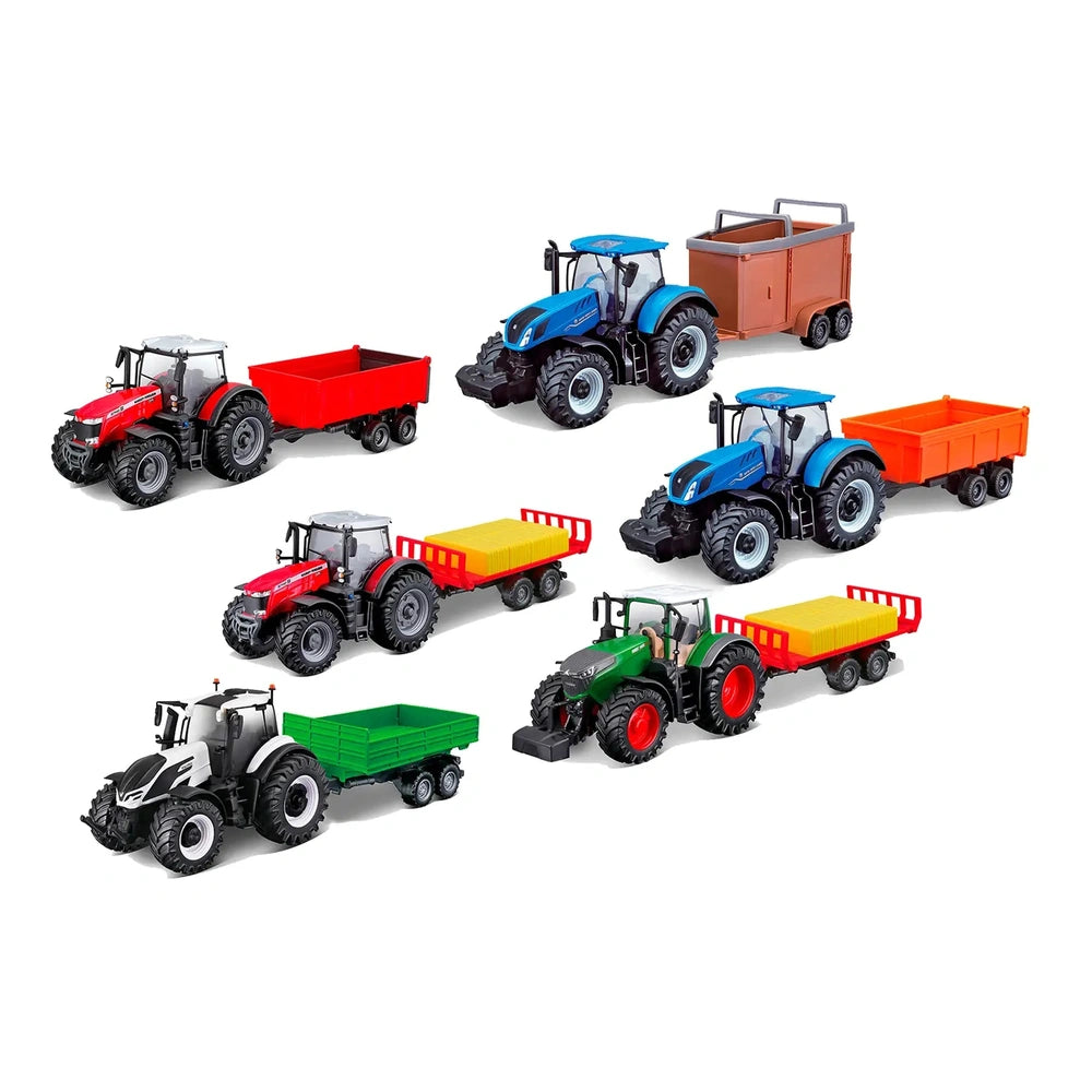 BBURAGO motorized die-cast metal farm tractors in red, blue, orange, green, and black with matching trailers, showcasing glos