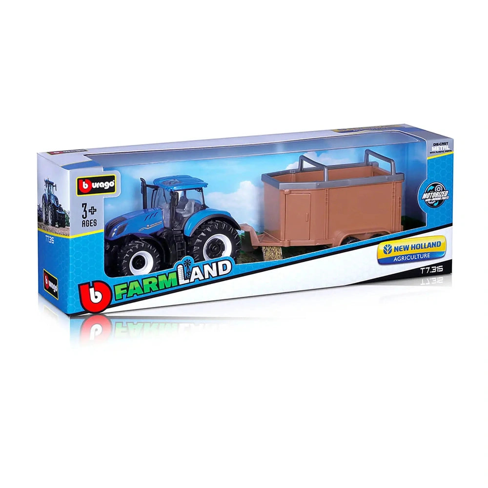 BBURAGO Farm Tractors with Trailer, 10 cm die-cast metal, in blue and white packaging featuring "New Holland" and "Agricultur