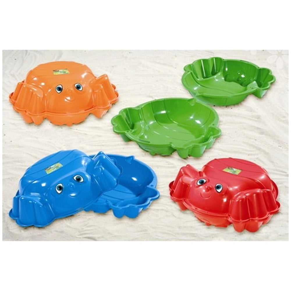 Beach Bee double crab sandbox featuring orange, green, blue, and red plastic shells for outdoor play.