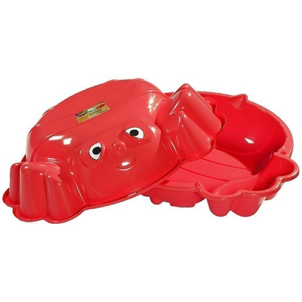 Red plastic double crab sandbox with a lid and handle, designed for outdoor play equipment.