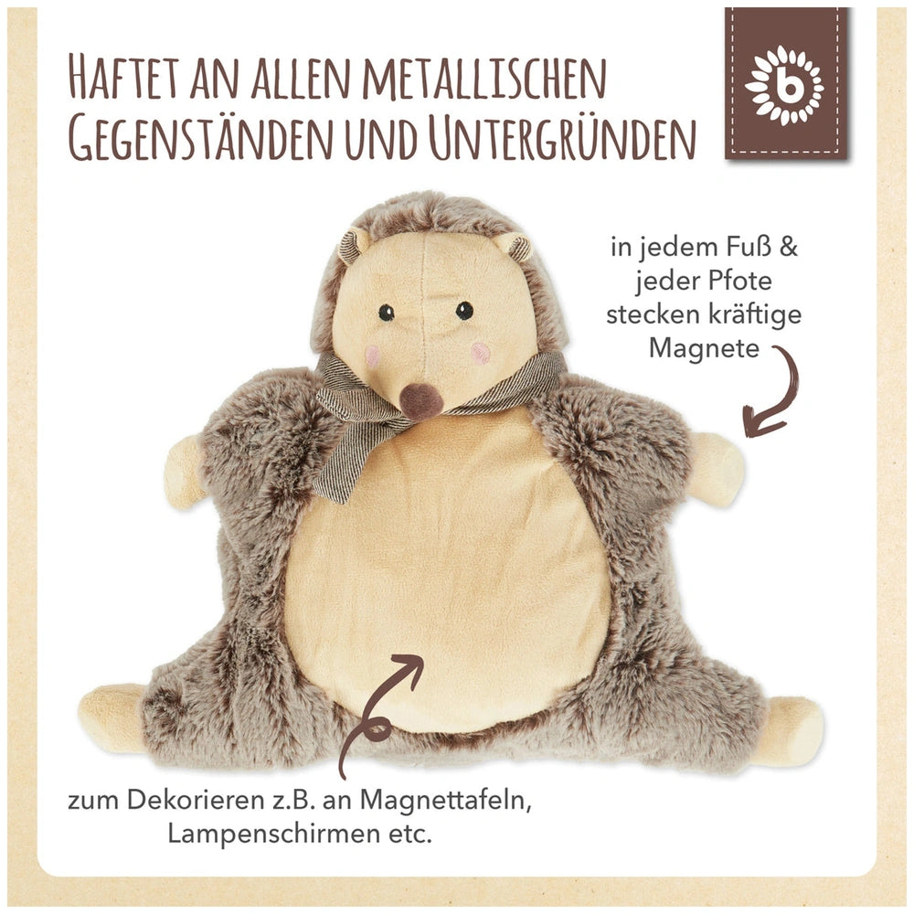 Soft stuffed hedgehog with a brown and oatmeal color scheme, featuring magnetic feet and a cute bow tie, ideal for cuddling.