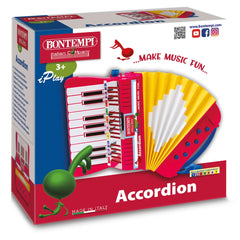 Bontempi accordion retail packaging features colorful printed text on a white cardboard background.