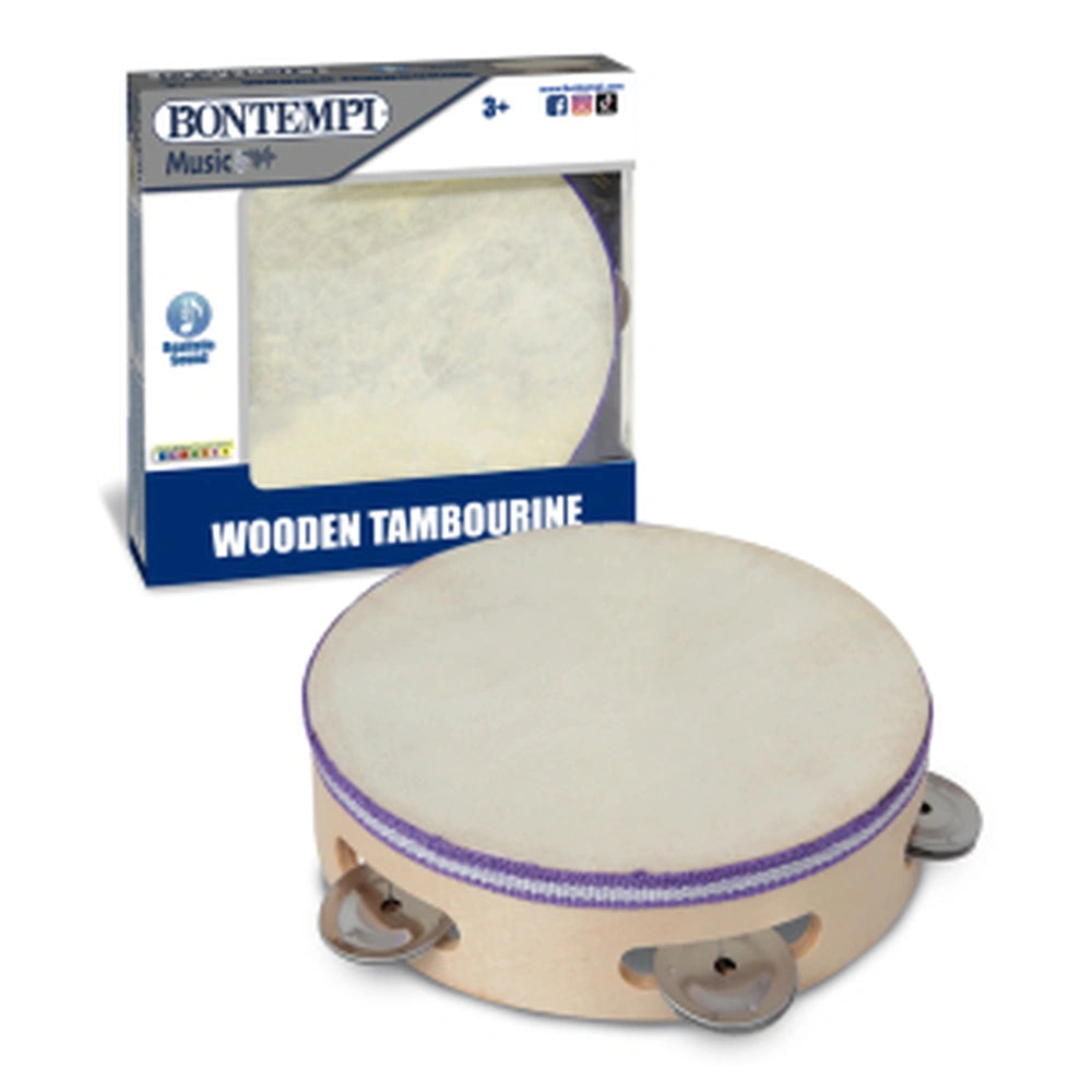 Bontempi Mini Trumpet in green, a wooden tambourine with a matte finish, packaged in blue and white cardboard with music note