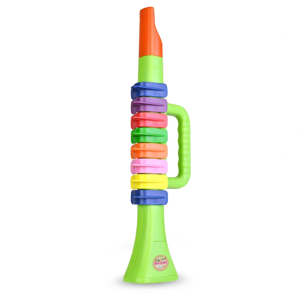 Bontempi Mini Trumpet in green plastic features a glossy finish and a colorful spiral design with a handle.