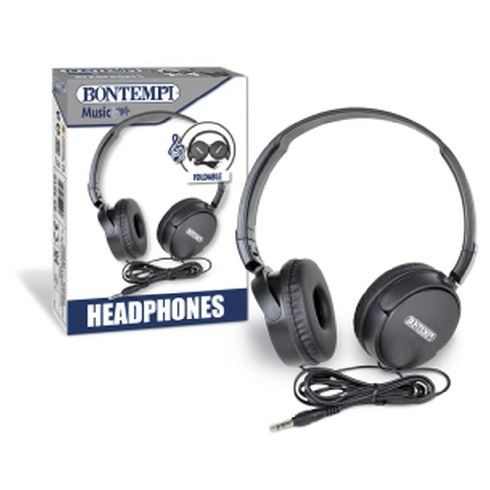 Bontempi Mini Wireless Speakers packaging features black headphones in a glossy cardboard box with white text.