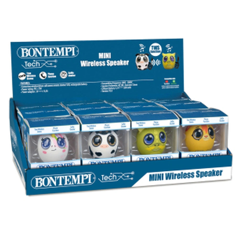 Bontempi Mini Wireless Speakers packaging displays six colorful speakers, glossy blue background, and white printed text suit