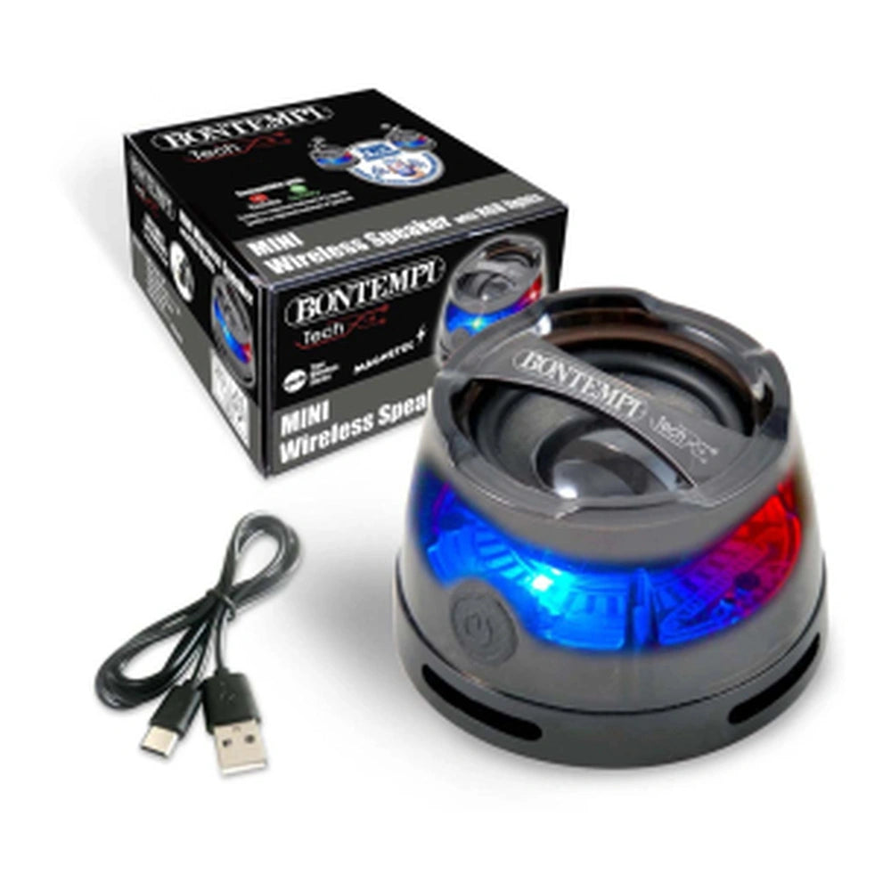 Bontempi Mini Wireless Speaker with black glossy box, USB cable, and blue/red lights, featuring clear plastic window.