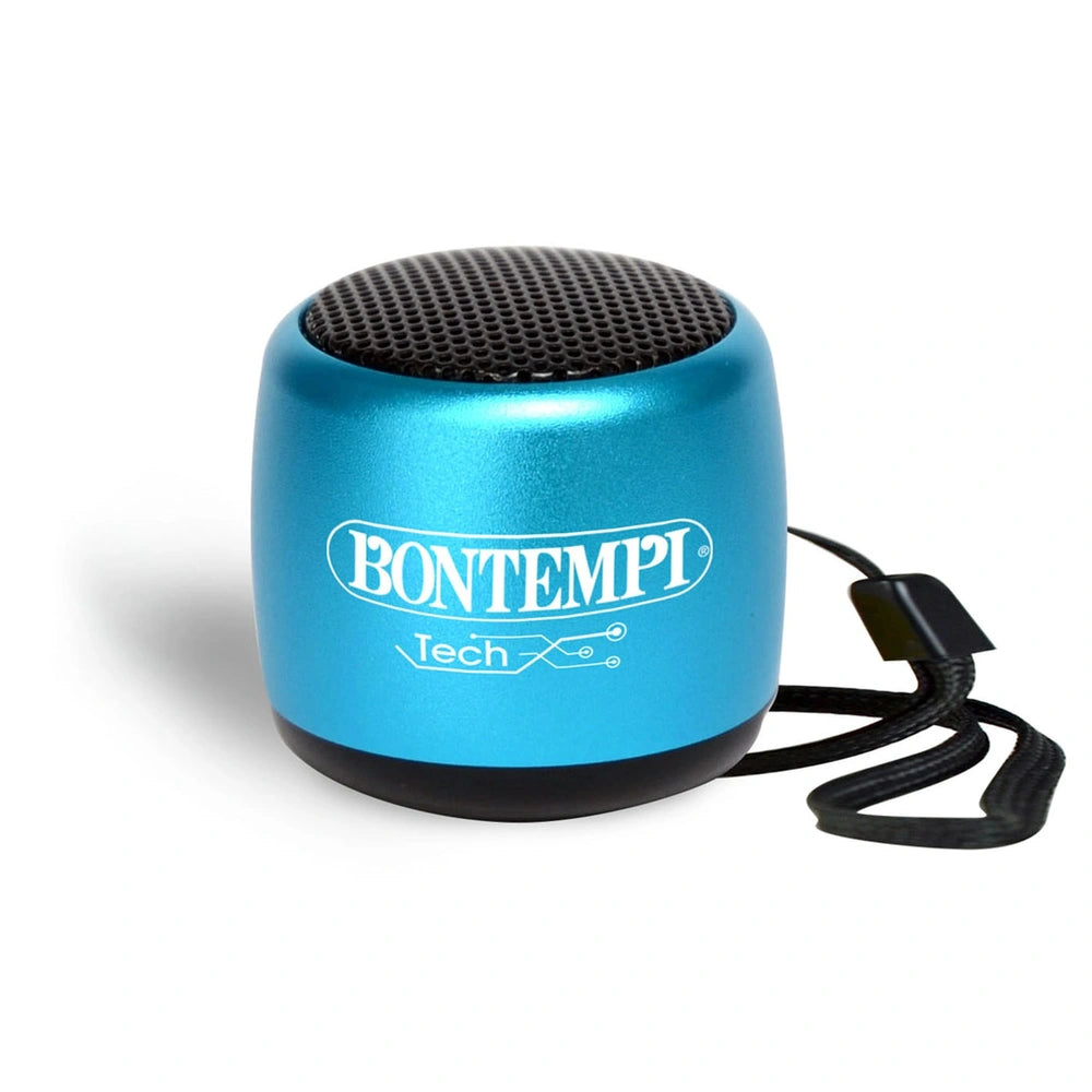Bontempi Mini Wireless Speakers in glossy blue with speaker grille, USB cable, and printed brand "BONTEMPL" and product "TECH