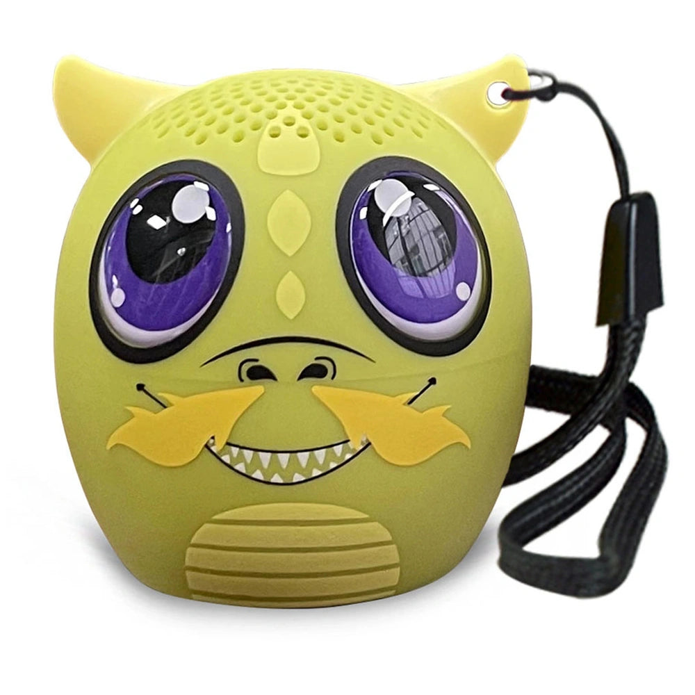 Bontempi mini wireless speakers feature a matte finish with glossy purple eyes, yellow mouth, and a black cord on a white bac