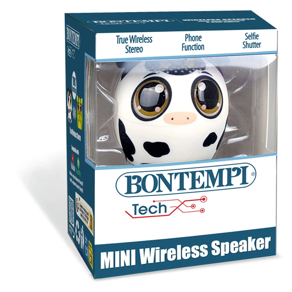 Bontempi Mini Wireless Speaker packaging features a blue and white cardboard box with a transparent window showcasing the pro