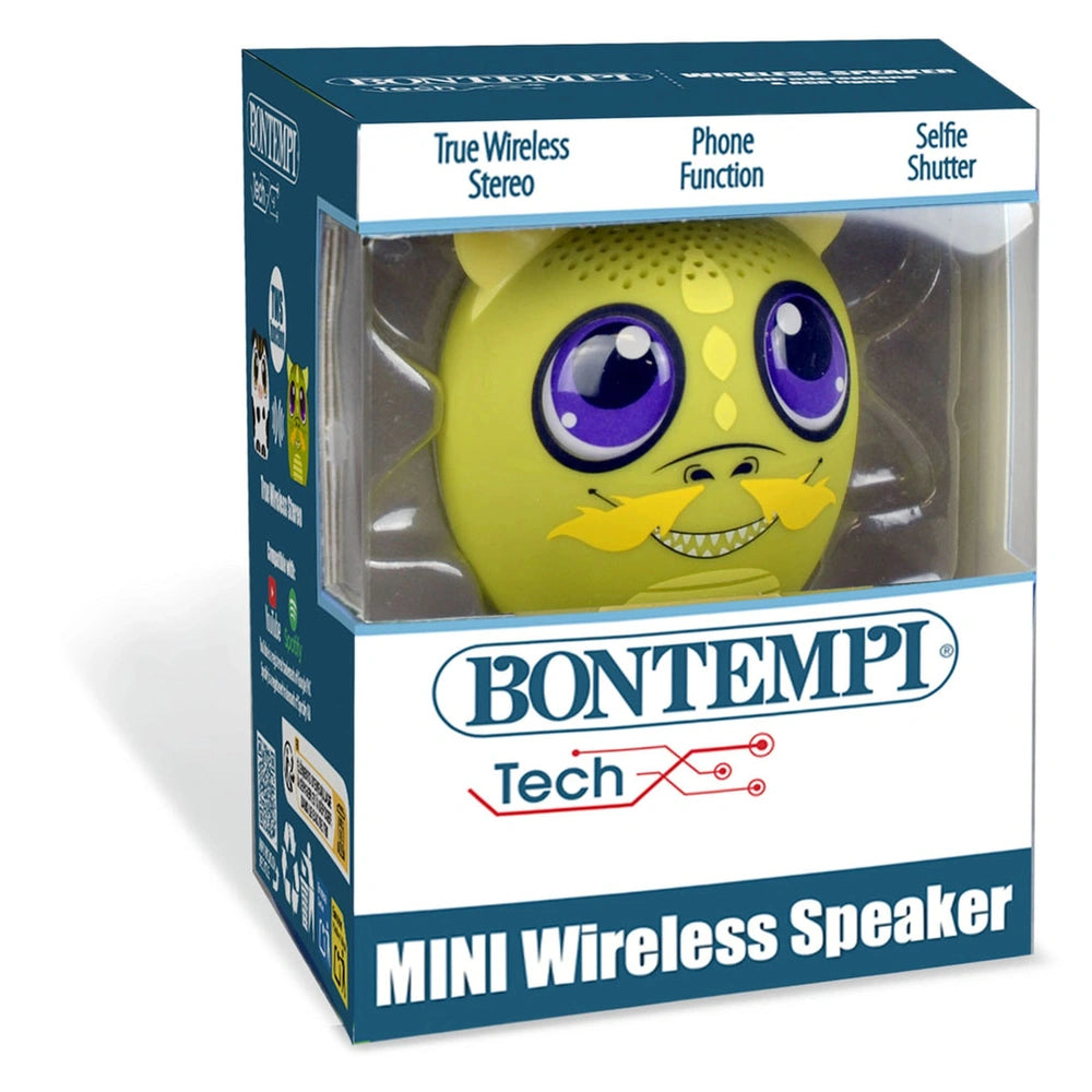 Bontempi mini wireless speaker in yellow with purple face displayed in blue matte cardboard packaging with a plastic window.