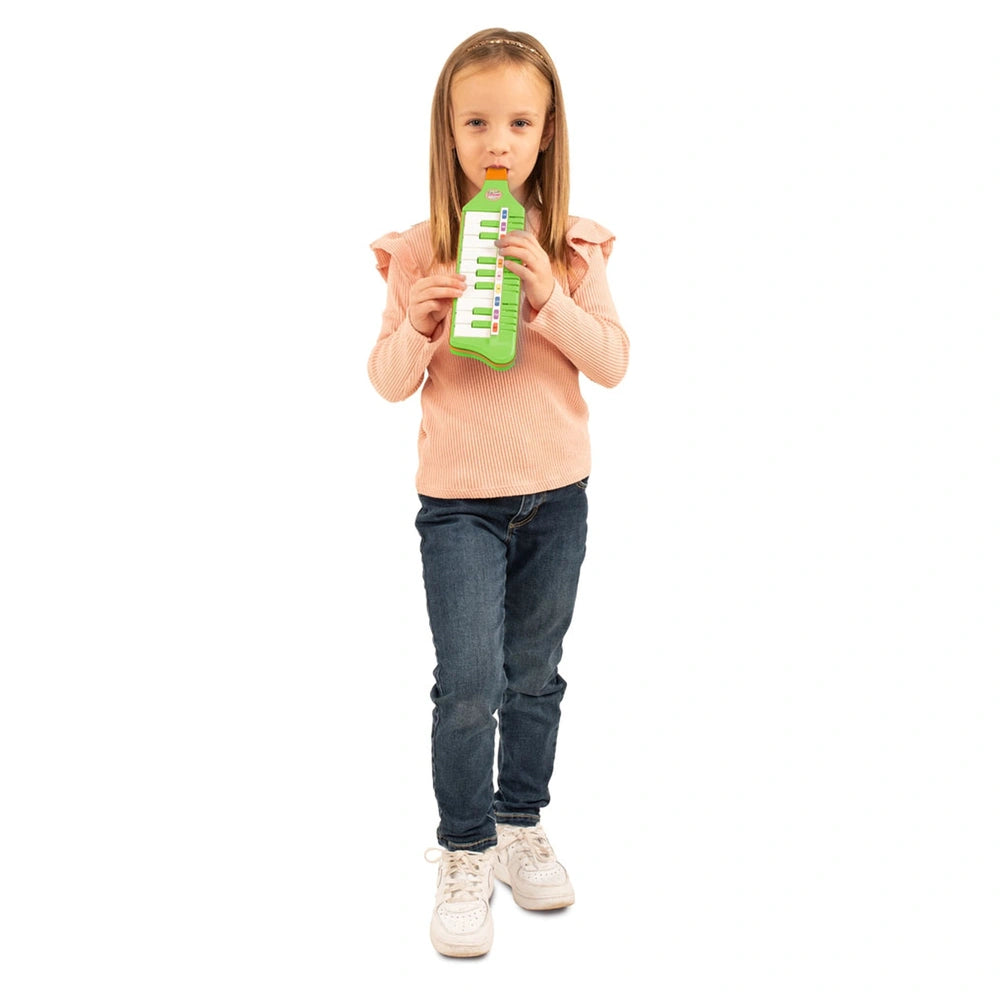 Bontempi mouthpiano held by a girl in a pink sweater and blue jeans against a white background.
