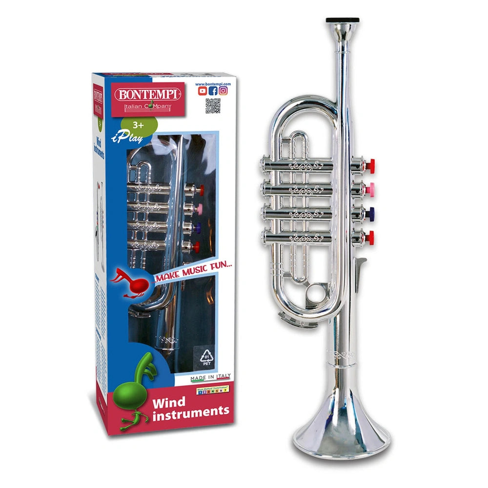 Bontempi trumpet in shiny silver displayed in a blue and white cardboard box with transparent plastic window.