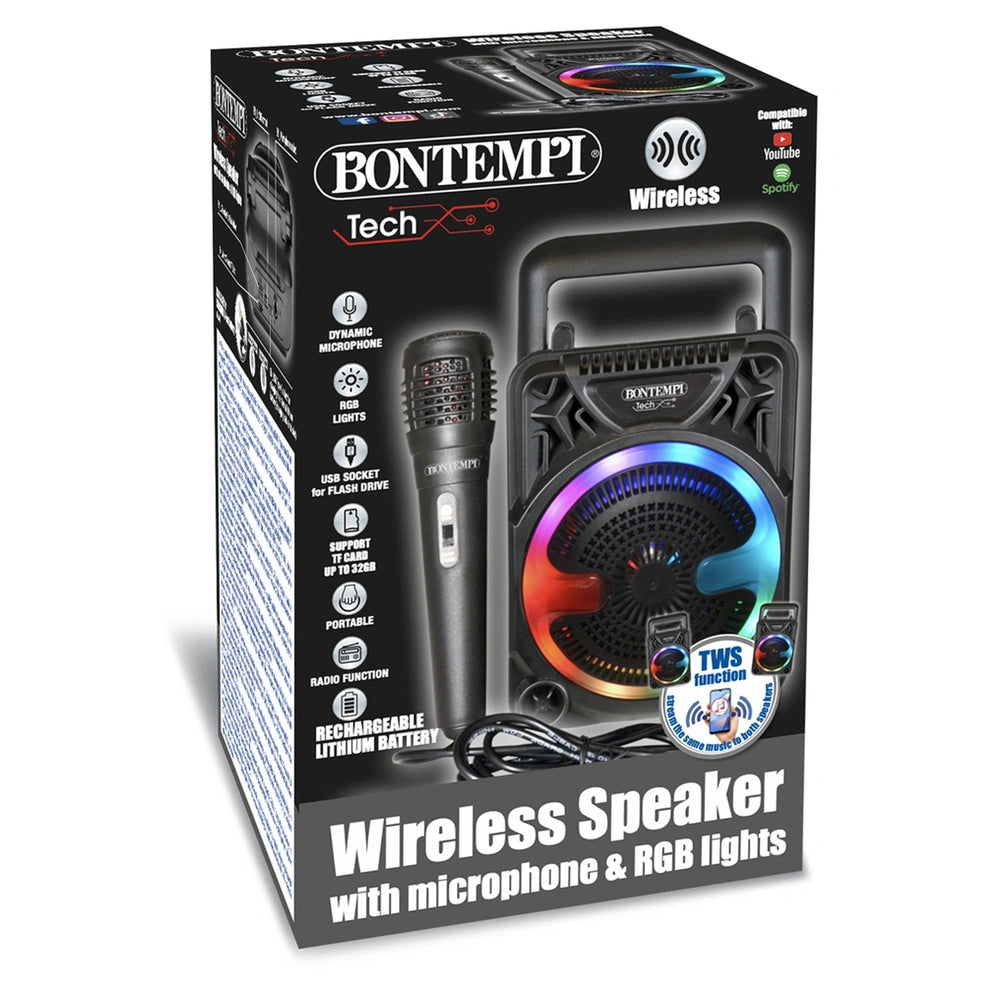 Bontempi wireless speaker with microphone and RGB lights in black packaging featuring white and red text on a metallic finish