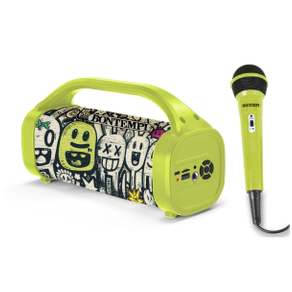 Bontempi wireless speaker with microphone, green fabric design, silver microphone, and multiple front control features.