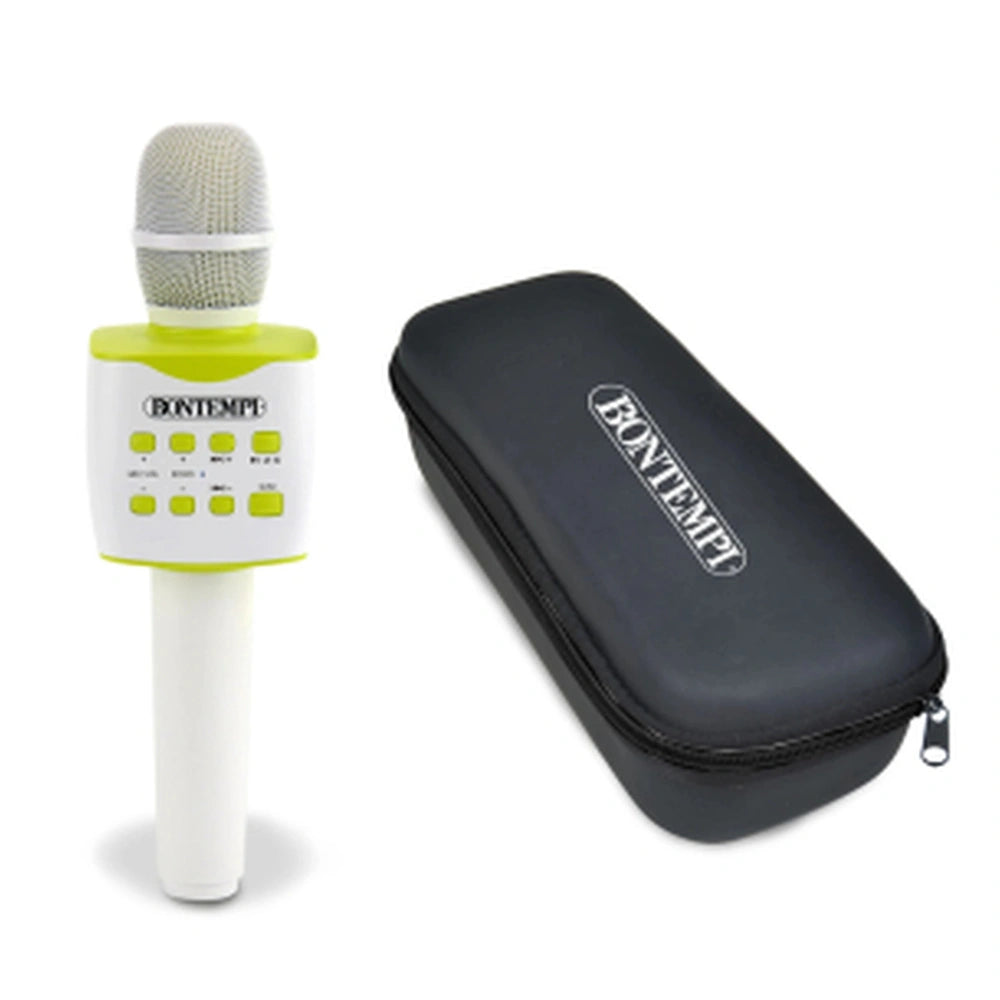 Bontempi wireless speaker with microphone features a matte white and green microphone and a glossy black case, both labeled "