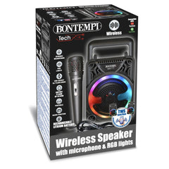 Bontempi wireless speaker with microphone and RGB lights in black packaging featuring white and red text on a metallic finish