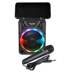 Bontempi wireless speaker with microphone, featuring a black surface, speaker grill, coiled cord, and brand name "BOONTMPT".