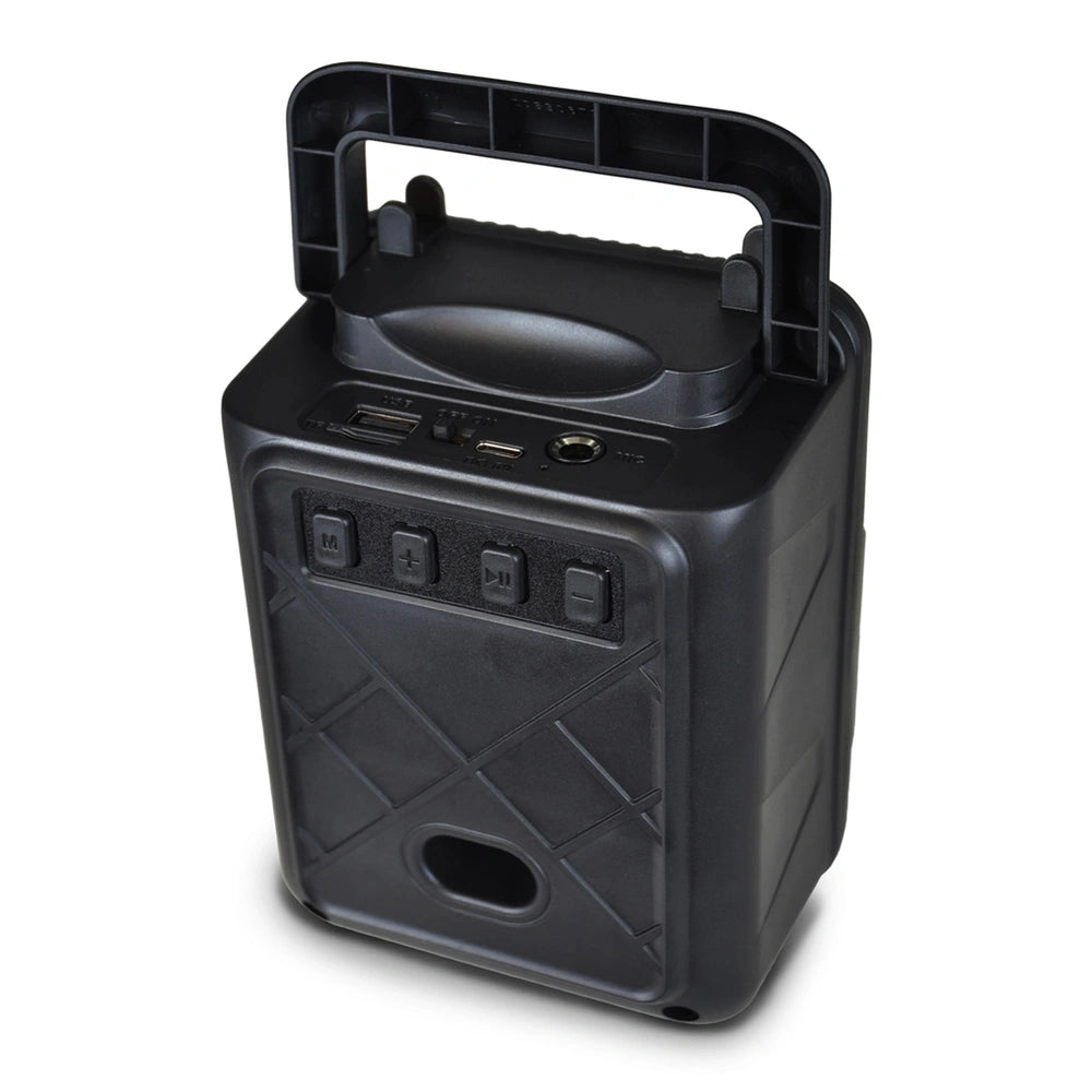 Bontempi wireless speaker with microphone features a black matte finish, handle, circular openings, and four front buttons.