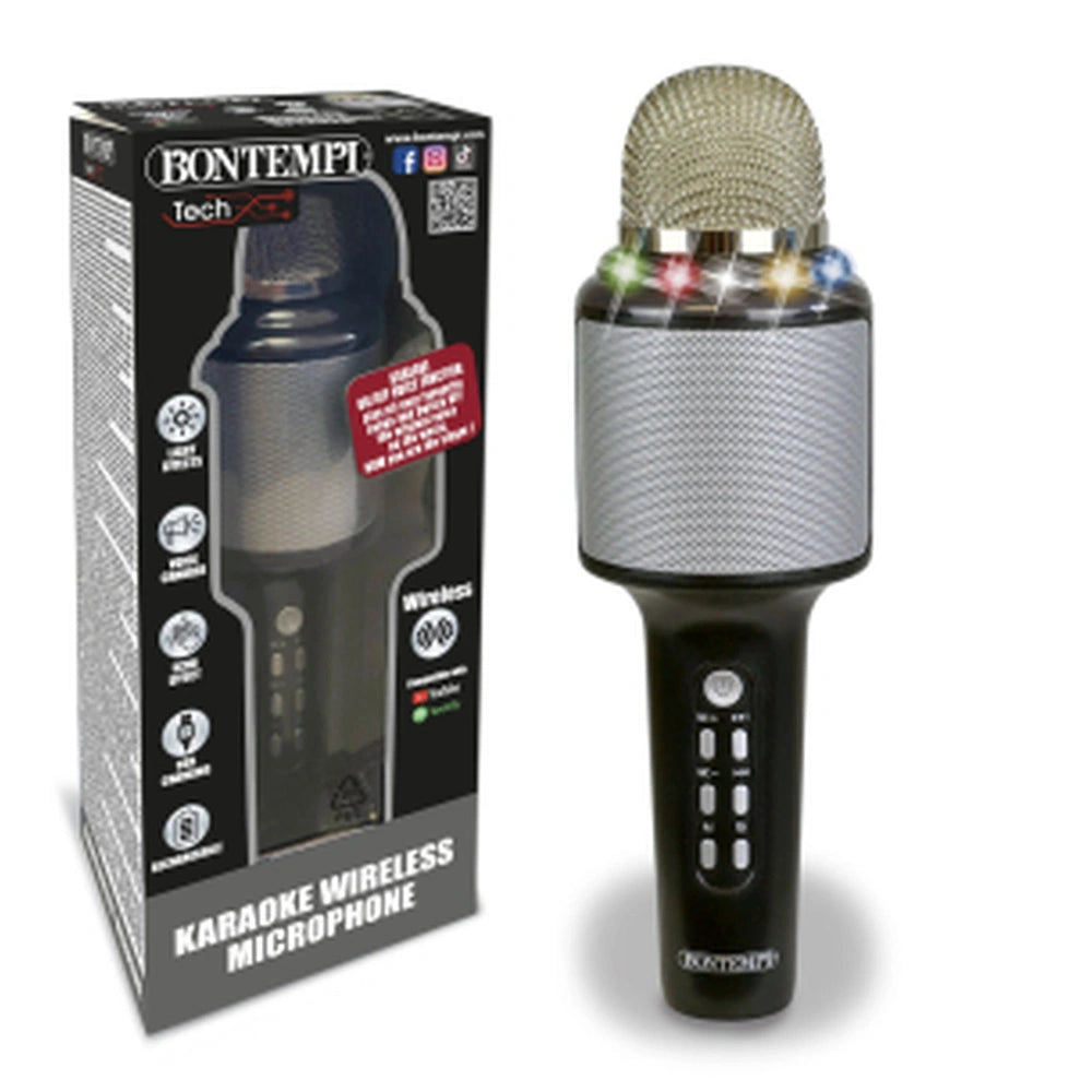 Bontempi wireless microphone with metallic finish, black and silver design, buttons for volume and power, in a black and whit
