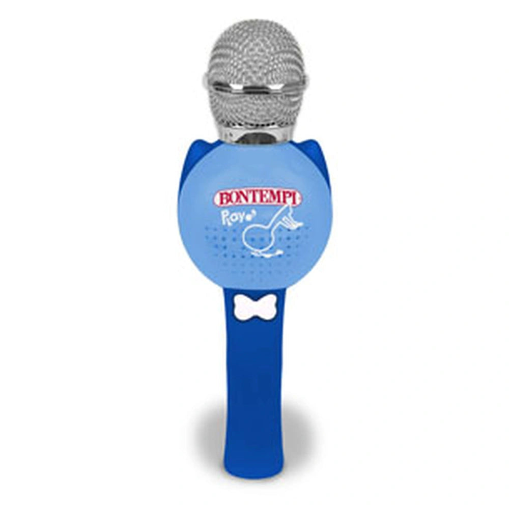 Bontempi wireless speaker with microphone, blue handle, and RGB lights featuring the "PLAY" text and white bone icon.