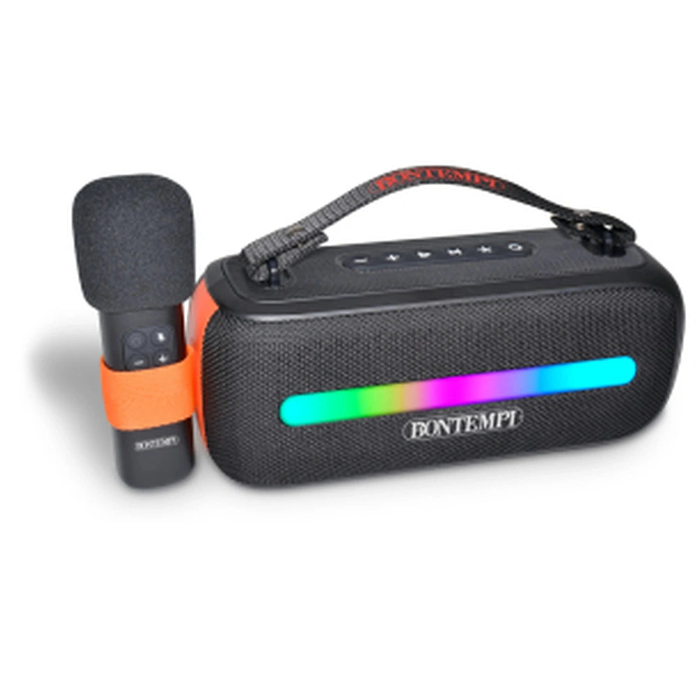 Bontempi wireless speaker with microphone features dark grey textured fabric, orange trim, and illuminated green light.