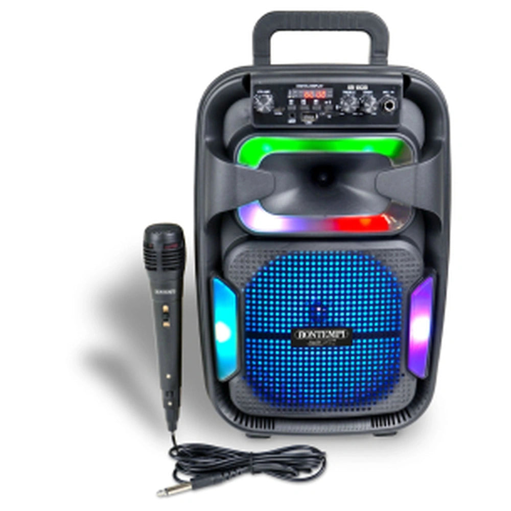 Bontempi wireless speaker with microphone, featuring a black plastic casing, clear window, and multiple black fabric loops.
