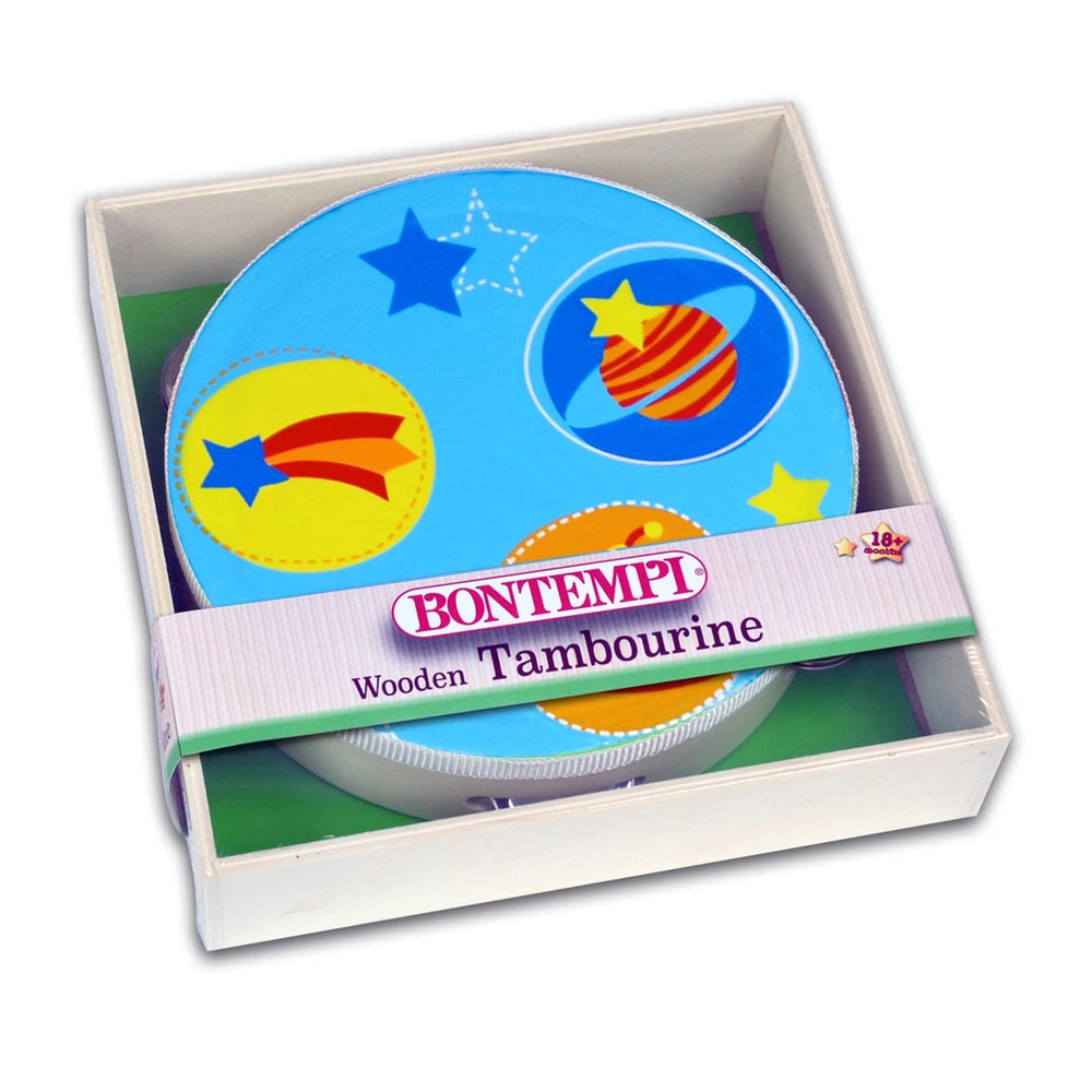 Bontempi Wooden Tambourine in glossy packaging with blue background, yellow and red stars, and clear plastic window.